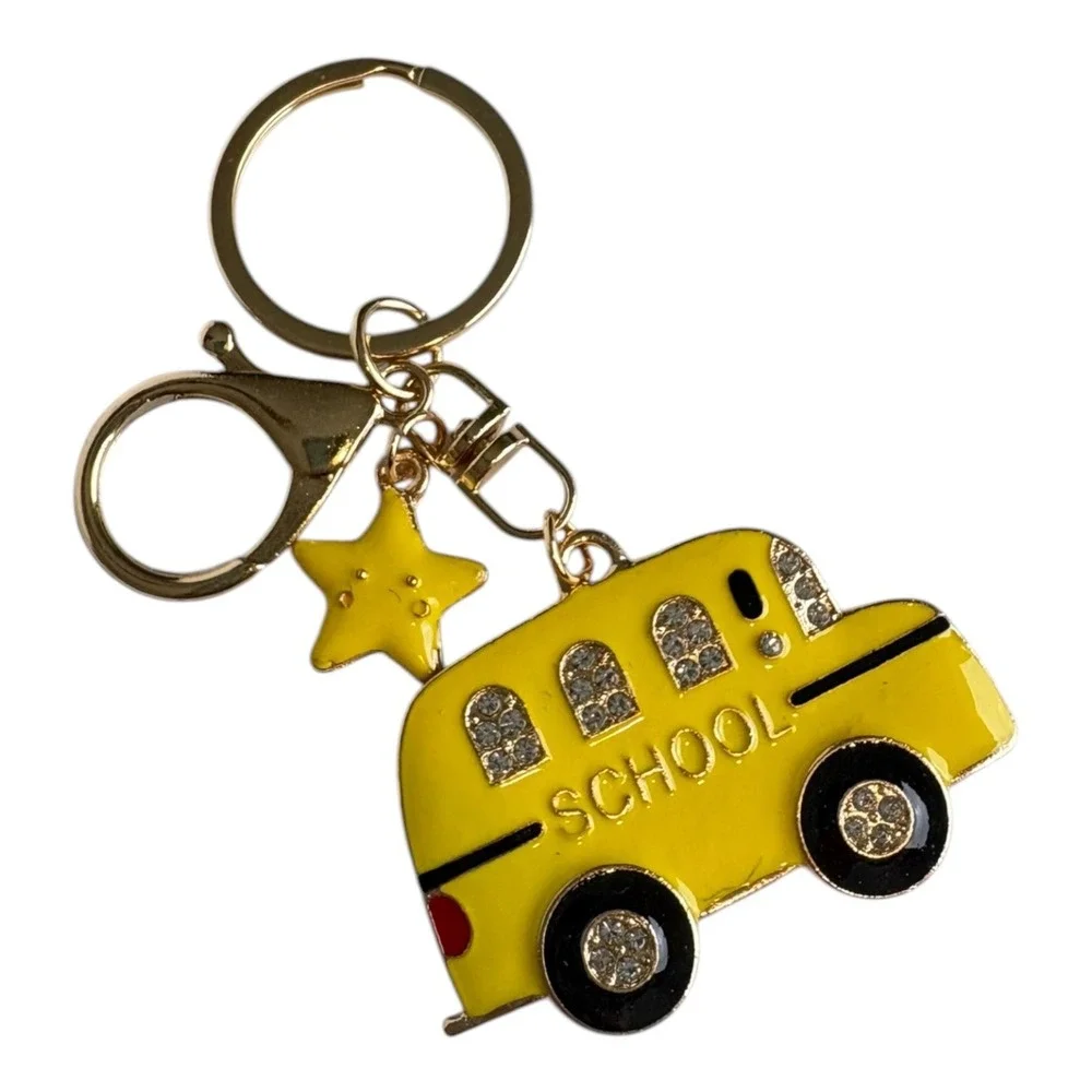 School Bus Keychain Charm Gold Tone Rhinestone Star Bag Purse Accessory
